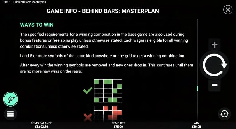 Behind Bars Masterplan - sumarul liniilor și combinațiilor câștigătoare